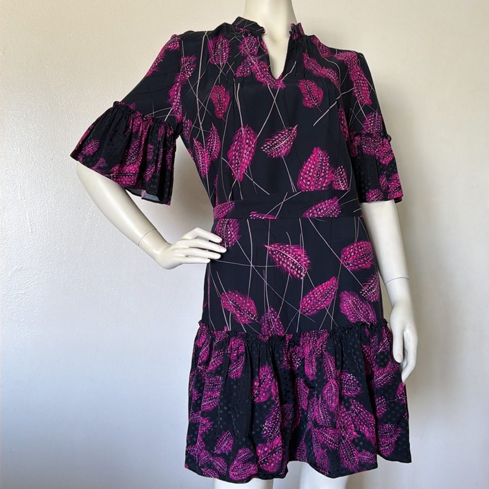 Reiss Marsali Belted Feather Print Dress Bell Sleeves Ruffled Hem Sz 4 - Picture 6 of 15